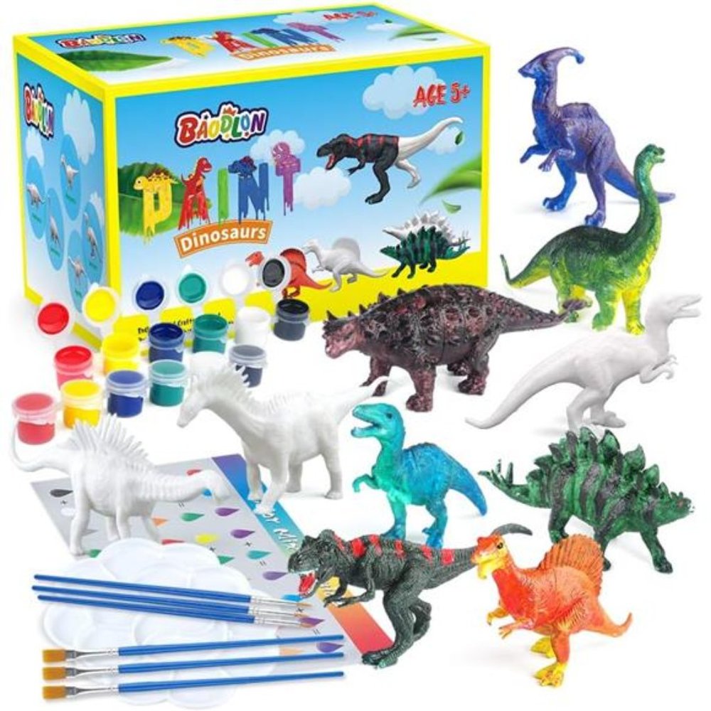 Kids Arts Crafts Set Dinosaur Toy Painting Kit - 10 Dinosaur Figurines, Decorate